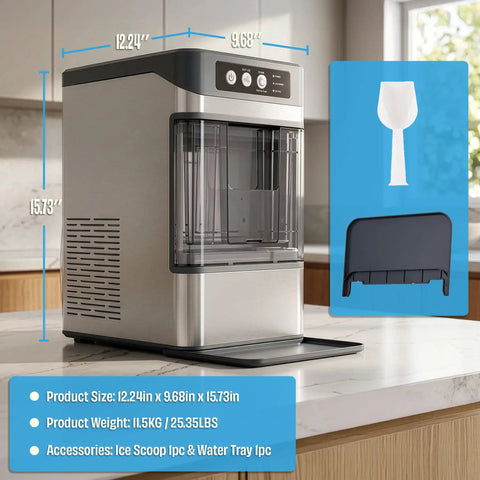 Countertop Nugget Ice Maker Delivering Dang Good Soft Chewable Ice That Chills Your Drinks Fast, showing dimensions and accessories on kitchen counter.