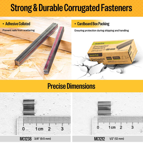 Corrugated W Staples Fasteners One Half Inch Crown By Three Eighth Inch Length Micro Corrugated Staples, Fourteen Thousand Count Box, Bright Basic Finish, Compatible With Standard Staple Guns, Tough As Nails For Wood Framing, Trim And Projects packaging and size comparison.