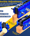 Steady Self Centering Dowel Jig Kit For Straight Holes And Biscuit Joinery Adjustable Width Drilling Guide shown on wood
