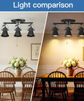 Comparison of Gold Four Light Track Lighting Kit in a dining room showing natural vs. warm lighting effect on a table with flowers