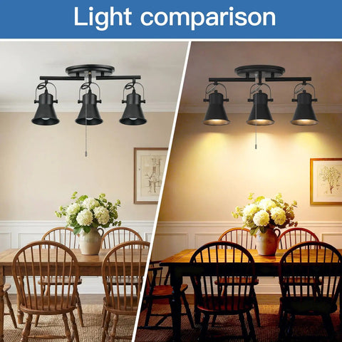 Comparison of Gold Four Light Track Lighting Kit in a dining room showing natural vs. warm lighting effect on a table with flowers