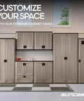 36-Inch Resin Base Garage Storage Cabinet In Platinum with double wall construction, corner-friendly, stashes tools, Made in USA