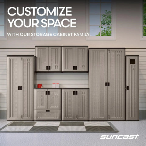 36-Inch Resin Base Garage Storage Cabinet In Platinum with double wall construction, corner-friendly, stashes tools, Made in USA