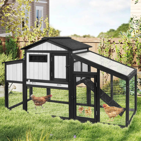 65.3 Inch Long Wooden Chicken Coop And Run For One To Two Chickens With Nest Box Tray And Perches in backyard setting