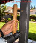 Installing Natural Solid Wood Sliding Patio Door Handle With Ergonomic Curved Grip, chrome brackets, outdoor setting.