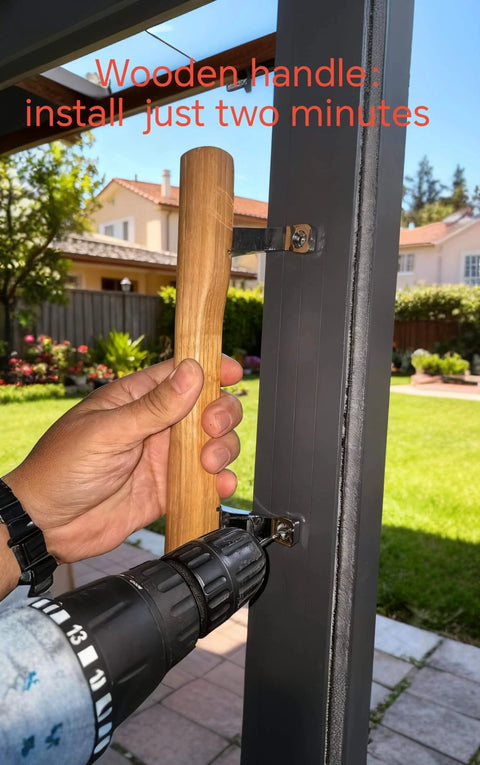 Installing Natural Solid Wood Sliding Patio Door Handle With Ergonomic Curved Grip, chrome brackets, outdoor setting.