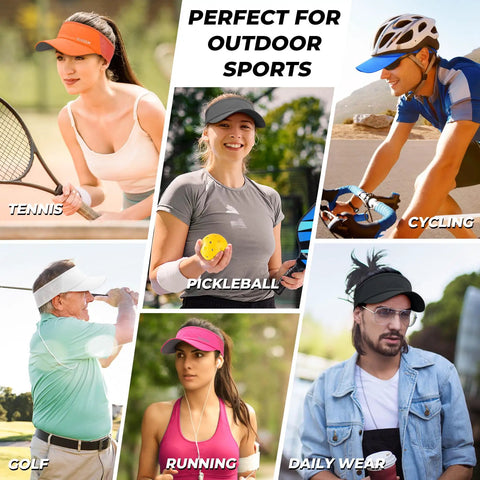 Collage of people wearing Lightweight Sports Sun Visor for Men and Women Packable Cooling Stretchy Visor Hat for Running Tennis Golf