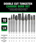 Double cut tungsten carbide burr set 10 piece for carving, cutting, and deburring. Includes various head shapes and 1/4 inch shank.