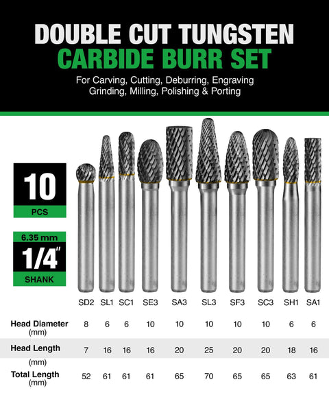 Double cut tungsten carbide burr set 10 piece for carving, cutting, and deburring. Includes various head shapes and 1/4 inch shank.