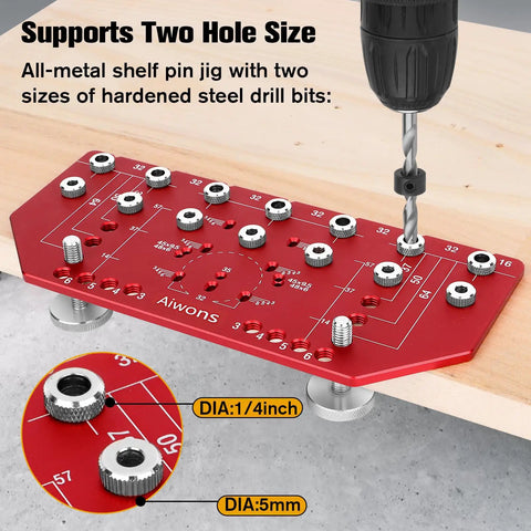 Heavy Duty 2 In 1 Cabinet Drill Template With Reliable Shelf Pin And Hinge Alignment Guide For No Guesswork Diy Cabinetry and crisp straight hole boring, showcasing red metal jig with drill bits.