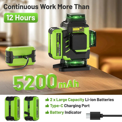 Self Leveling 360 Green Laser Level Kit With 4x 360 Cross Lines, showcasing dual Li-Ion batteries and charging port on a table