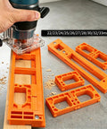 Adjustable Invisible Hinge Router Guide Template Reusable Cabinet Mortise Jig with orange molds and router in use on wood.