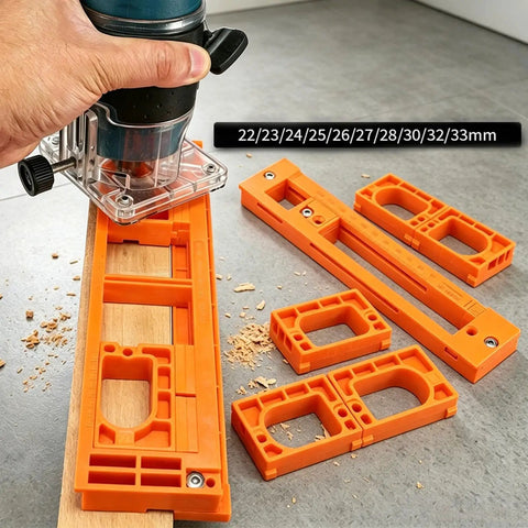 Adjustable Invisible Hinge Router Guide Template Reusable Cabinet Mortise Jig with orange molds and router in use on wood.
