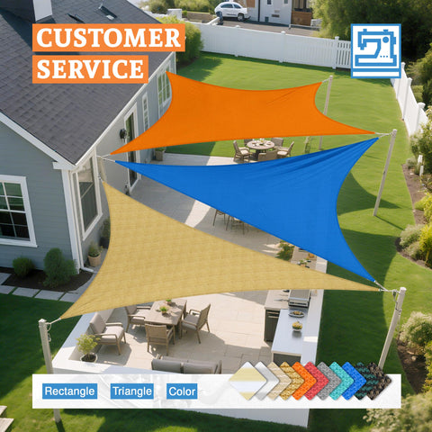 Colorful shade sails above a backyard; not the Seventeen By Seventeen By Seventeen Foot Shade Sail Equilateral Triangle Canopy That Blocks 95 Percent UV With Permeable 180GSM Shade Fabric For Outdoor Patio Lawn Garden Backyard Turquoise.