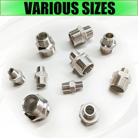 Various sizes of Heavy Duty 3/4 To 1/2 Inch NPT Hex Reducing Nipple Fitting Adapter In 304 Stainless Steel MNPT Pipe Connector Built To Last For Durable Plumbing And Easy Leak Free 3/4 Inch Male To 1/2 Inch Male Threads