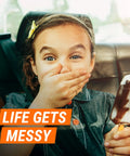 Child in car with ice cream, "Life Gets Messy" text, highlighting Leather Care Gel For Cars Trucks And Motorcycles Interior Cleaner.