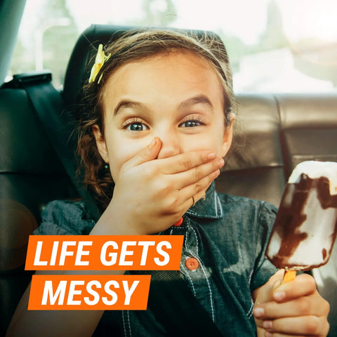 Child in car with ice cream, "Life Gets Messy" text, highlighting Leather Care Gel For Cars Trucks And Motorcycles Interior Cleaner.