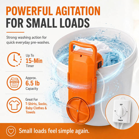 Portable Bucket Washing Machine With Dual Direction Spin Scrub For 5 Gallon Buckets, compact design with timer, washing clothes in action.