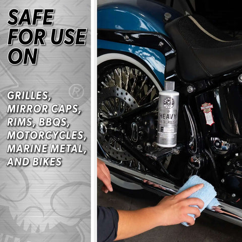 Heavy Metal Polish Restorer And Protectant For Chrome Aluminum Stainless Steel Brass Silver And More Cleans Restores Removes Oxidation And Stains Safe For Cars Trucks Motorcycles RVs And Boats 16 Oz being used on a motorcycle exhaust pipe