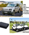 Four Piece Oil Spill Mat Set 36 By 60 Inches For Garage Floor Protection Front And Rear Car Coverage Reusable Washable Oil Drip Mats For Cars And Motorcycles And More shown with vehicle and golf cart usage examples