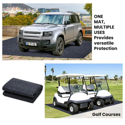 Four Piece Oil Spill Mat Set 36 By 60 Inches For Garage Floor Protection Front And Rear Car Coverage Reusable Washable Oil Drip Mats For Cars And Motorcycles And More shown with vehicle and golf cart usage examples