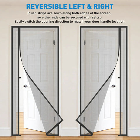 Side Opening Magnetic Screen Door Fits 32x80 Doors, Screen Size 34x81, Reversible installation options demonstrated