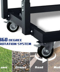 Close-up of rolling casters on Panel Handler Cart And Shop Stand With Tilting Mover, showing 360-degree rotation system on various surfaces.