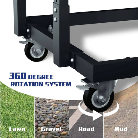 Close-up of rolling casters on Panel Handler Cart And Shop Stand With Tilting Mover, showing 360-degree rotation system on various surfaces.