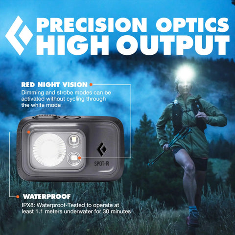 Rechargeable Spot 400-R Headlamp in graphite finish, highlighting dimmable beam and waterproof features with hiker in background.