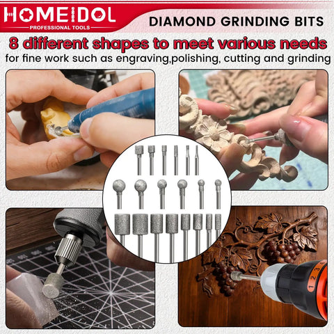 Engraving Bits Set For Rotary Tools With Diamond Grinding Bits In Ball, Hollow Cup, And Cylindrical Shapes; Includes 3 Collets And 3/32 And 1/8 Inch Shanks For Stone, Glass Polishing And Carving.