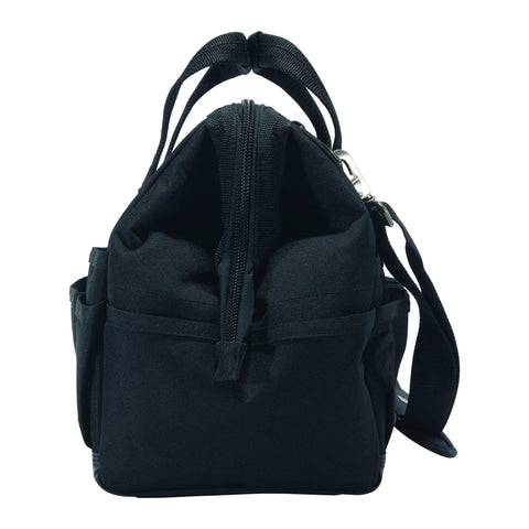 Side view of the Onsite Tool Bag for Worksite, Heavyweight 16-Inch Tote with 30 Pockets, Internal Frame and 1200 Denier Fabric, Black.