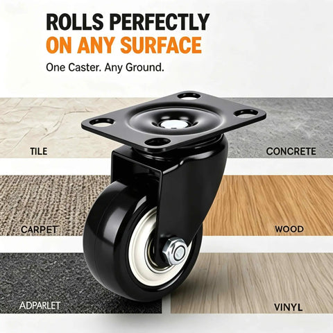 Built Tough Heavy Duty Two Inch Swivel Caster Wheel Sets Gliding On Sealed Double Ball Bearings For Seamless Three Sixty Rolling Across Garage Floors And Utility Dollies on various surfaces.