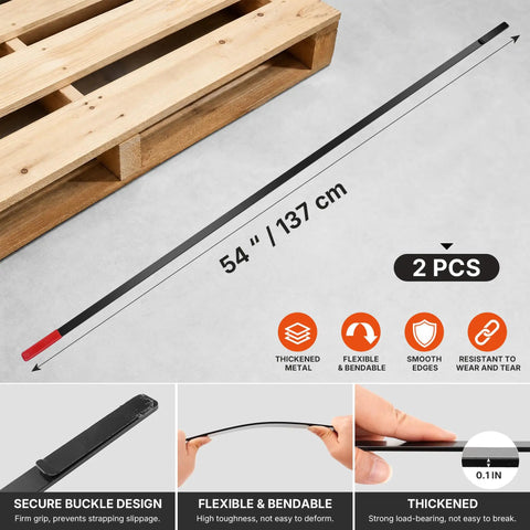 54 Inch Flexible Pallet Strap Feeder Stick For PE Guide Strapping, Quick Threading Tool With Extended Handle, Streamlines Packing, Reduces Bending, 2 Pack shown feeding under a pallet