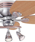 Close-up of 44 Inch Indoor Ceiling Fan with Light and LED, featuring reversible maple and mahogany blades, brushed nickel accents.