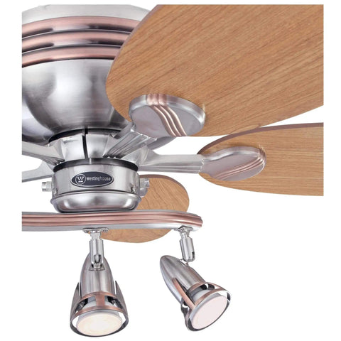 Close-up of 44 Inch Indoor Ceiling Fan with Light and LED, featuring reversible maple and mahogany blades, brushed nickel accents.