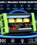 Heavy Duty Road Ready 1500W Pure Sine Wave Power Inverter Converts 12V Dc To 120V Ac showing internal components with bright LCD gauge.