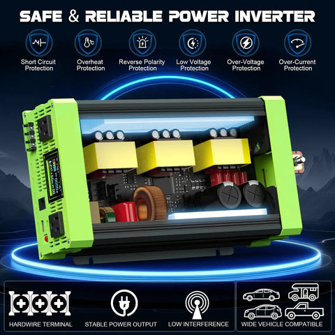 Heavy Duty Road Ready 1500W Pure Sine Wave Power Inverter Converts 12V Dc To 120V Ac showing internal components with bright LCD gauge.