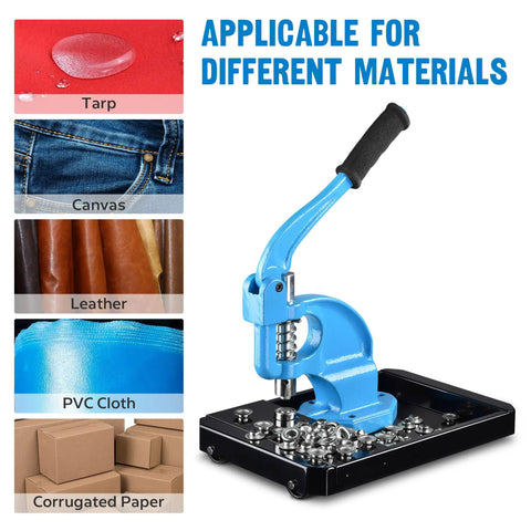 All-in-One Grommet Tool Kit With Three Dies For One Quarter Inch, Three Eighths Inch, And One Half Inch, Grommet Press Machine On Rolling Base, Includes 900 Grommets And Washers For Fabric, Canvas, Tarps, Banners, Labels, And Prints, showing blue grommet press with various material samples.