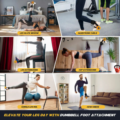 Collage of exercises using Ankle Straps For Dumbbells And Cable Machines With Extra Long Nylon Strap For Tibialis Training, Leg Extensions And Hamstring Curls