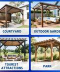 Different pergolas constructed using Heavy Duty 12 Pack 45 Degree Angle Pergola Bracket Kit For 4x4 Lumber Gazebo Construction Open Corner Steel Brackets 3.6x3.6 Inch Reinforcement For Wooden Structures.