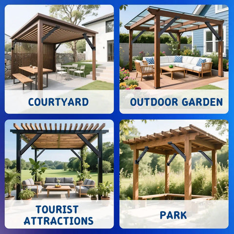 Different pergolas constructed using Heavy Duty 12 Pack 45 Degree Angle Pergola Bracket Kit For 4x4 Lumber Gazebo Construction Open Corner Steel Brackets 3.6x3.6 Inch Reinforcement For Wooden Structures.