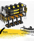 Heavy Duty Wall Mounted Drill Rack Black Steel Tool Holder Featuring 150 Pound Load Rating Quick Screw Assembly System For Garages And Shops with drills and tools