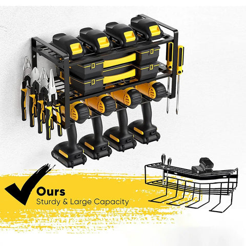 Heavy Duty Wall Mounted Drill Rack Black Steel Tool Holder Featuring 150 Pound Load Rating Quick Screw Assembly System For Garages And Shops with drills and tools