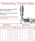Caliper measuring thread size on hydraulic coupler with NPT and SAE comparison chart displayed