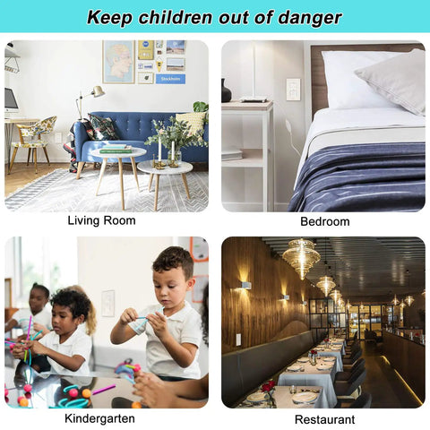 55 Pack Outlet Covers With Hidden Pull Handle Baby Proofing Plug Covers 3 Prong Child Safety Socket Covers Electrical Outlet Protectors Kid Proof Outlet Caps For Home And Nursery shown in living room, bedroom, kindergarten, restaurant settings