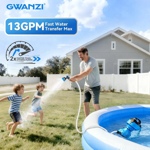 Man using Cordless Water Transfer Pump 750 GPH With 30 Foot Lift Powerful Submersible Pump With 21V Dual 4000mAh Batteries outdoors