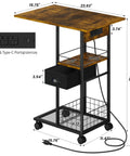 C Shaped Side Table With Charging Station And Wheels For Bedroom Living Room And Home Office Type C USB Ports And Two AC Outlets
