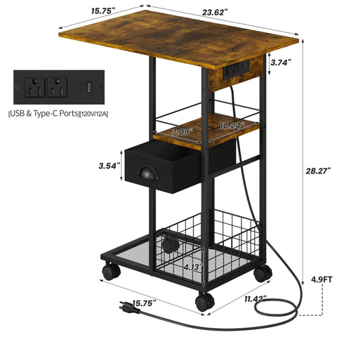 C Shaped Side Table With Charging Station And Wheels For Bedroom Living Room And Home Office Type C USB Ports And Two AC Outlets