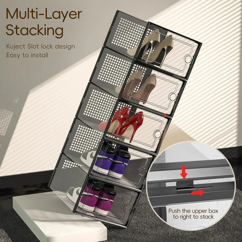 X Large Clear Stackable Shoe Storage Boxes 12 pack shown stacked with shoes inside, demonstrating multi-layer stacking for closets.