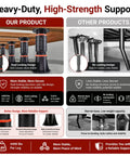 Heavy Duty Adjustable Bed Support Legs 4 Pack comparison chart showing dual locking design and other products with no locking mechanism.